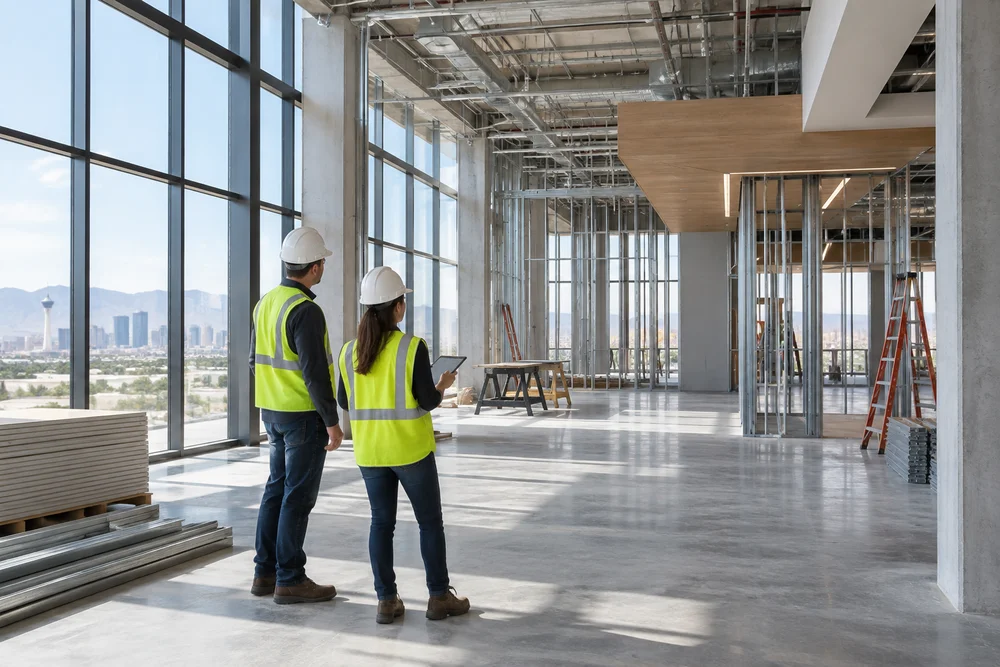 Illustrative scene of construction supervisors reviewing a commercial office fit-out