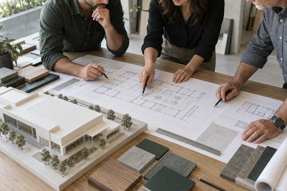 Illustrative scene of a design team reviewing plans and a commercial building model