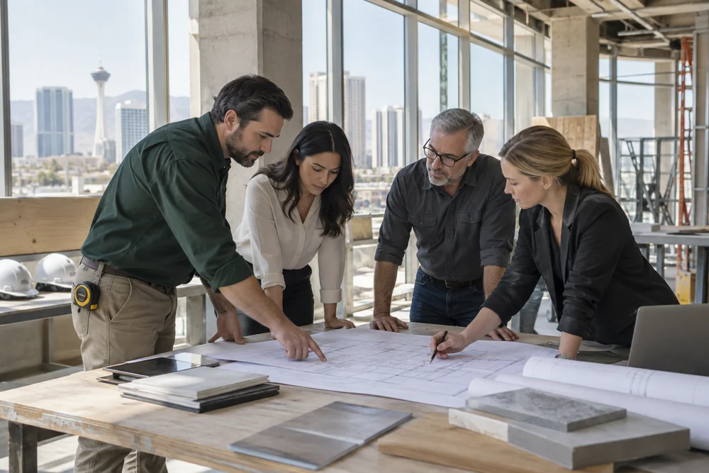 Illustrative scene of project partners coordinating around construction plans