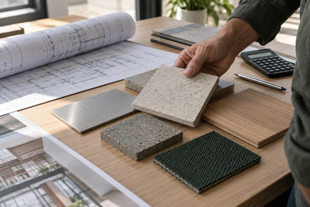 Illustrative scene of construction materials being compared alongside project plans